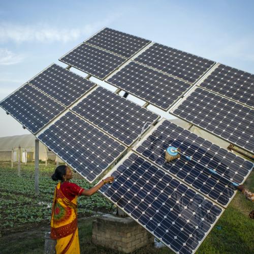 Farm workers clean the solar panels for better efficiency in India (cred IWMI) via Flickr